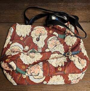 Vintage Tapestry Christmas Santa Handbag Shoulder Tote Purse 12"x12"x4"